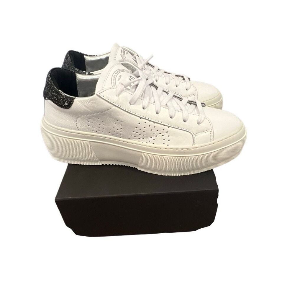 P448 Women’s Leather White Sneakers with black glitter Sz.39 Italy New